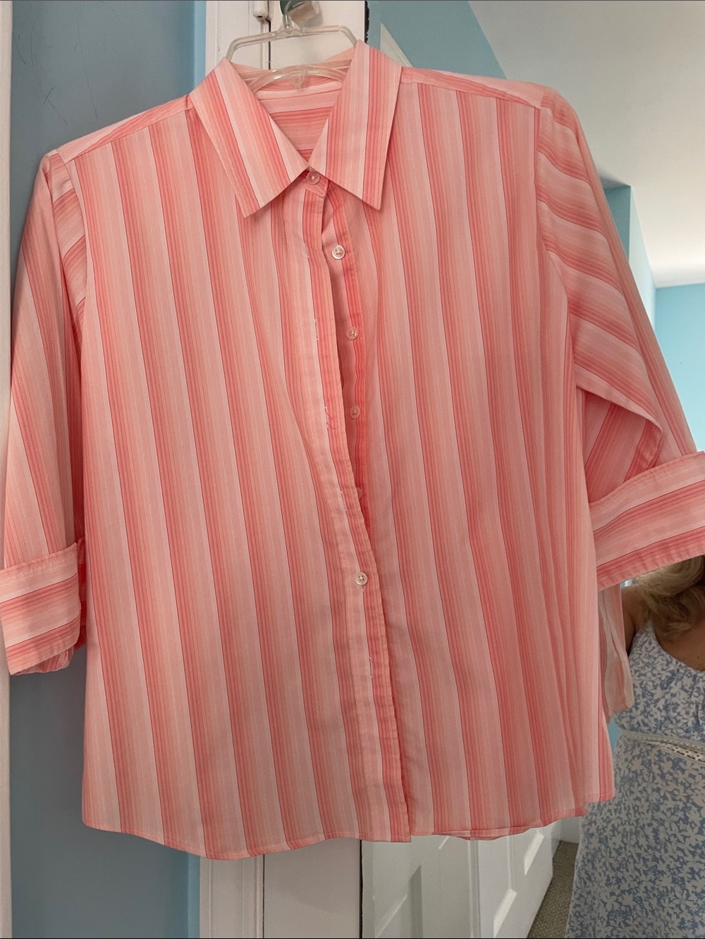 Crisp Women’s  Lands' End No-Iron Cotton 3/4 Sleeve Striped Button Down Shirt